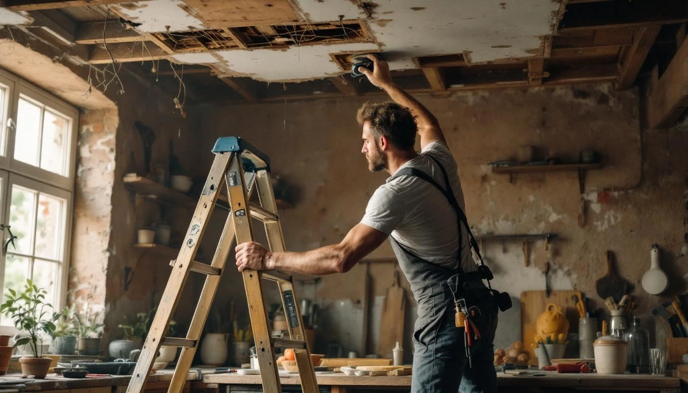 Menuisier déclipse plafonnier sur échelle en rénovation maison