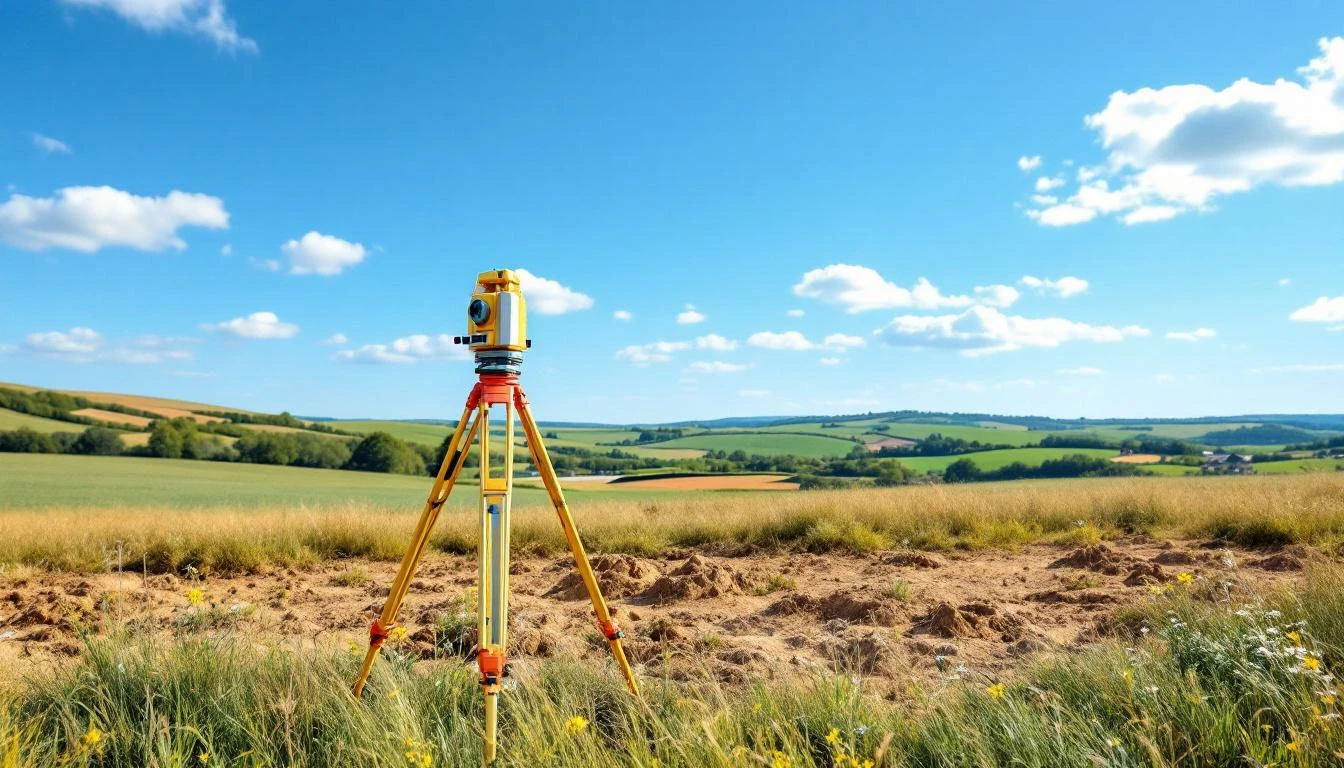 Professional surveyor equipment on a sunny vacant plot of land, representing land assessment for a new construction project in France.