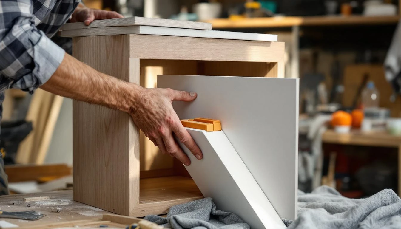 Pose d'une nouvelle porte de meuble salle de bain avec charnière par un menuisier