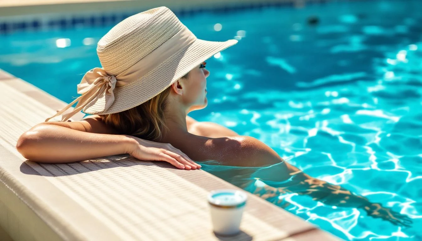Piscine en été avec outils test chlore et soleil intense pour évaporation