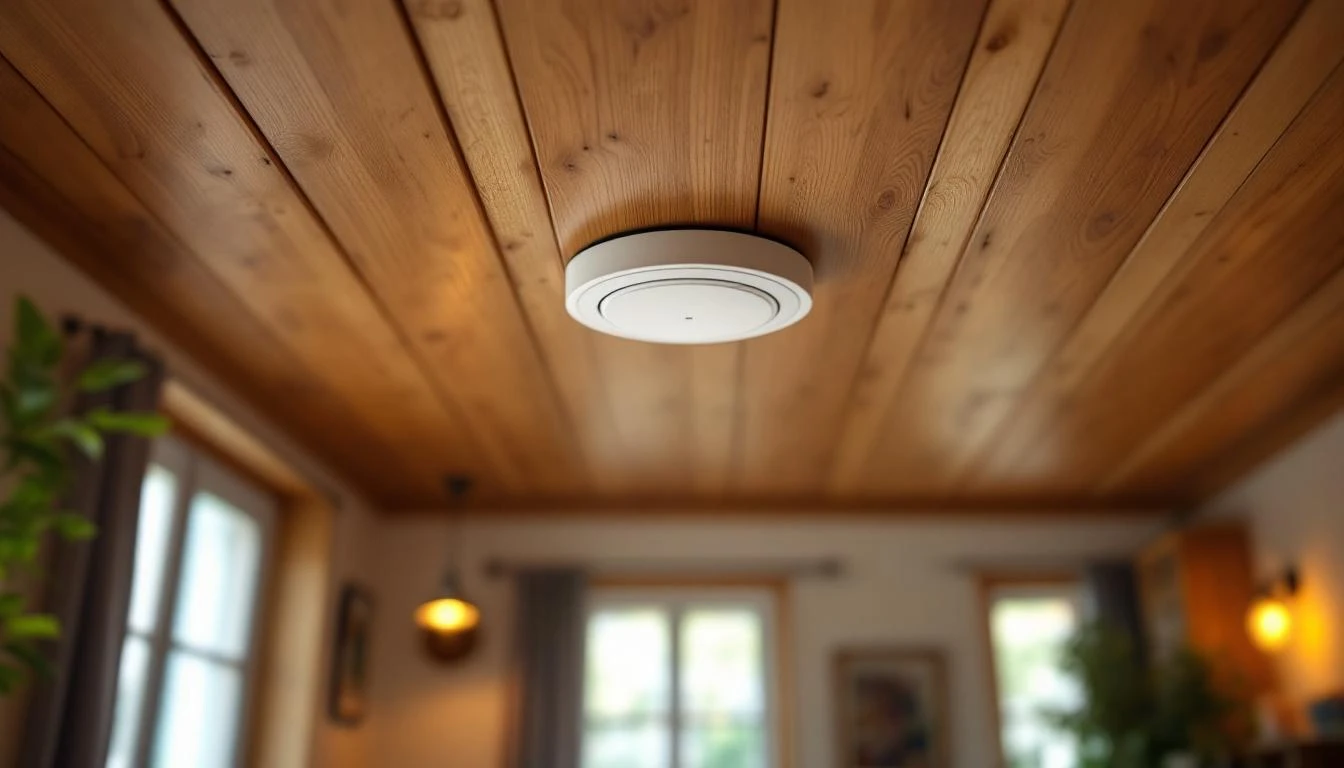Détecteur de fumée installé plafond maison rénovée bois, sécurité incendie DAAF