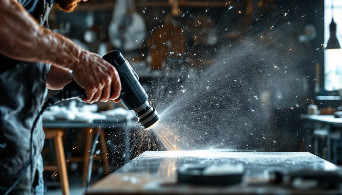 Retrait d'un film protecteur cuit par le soleil sur une porte en inox avec sèche-cheveux
