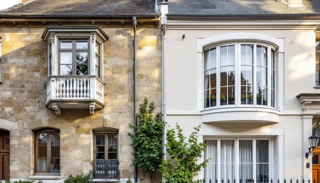 Comparaison façade maison avec oriel suspendu à l'étage et bow-window au rez-de-chaussée