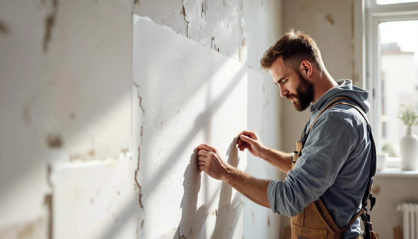 Artisan posant une bande à joint placo avec couteau à enduire sur mur en plâtre