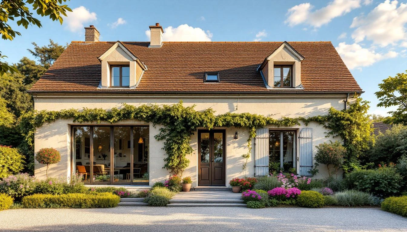 Façade en pierre meulière d'une maison ancienne typique d'Île-de-France avec fer forgé
