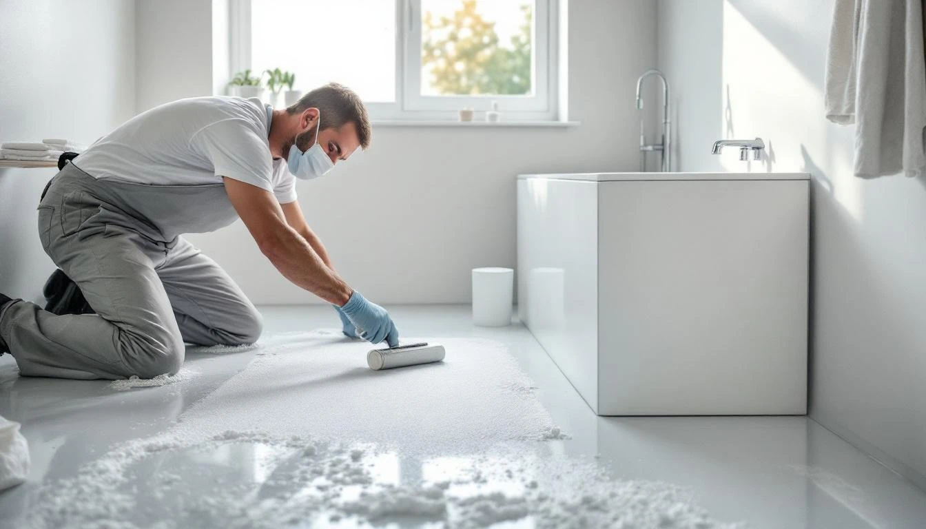 Artisan appliquant une peinture époxy sur une baignoire lors d'une rénovation sanitaire