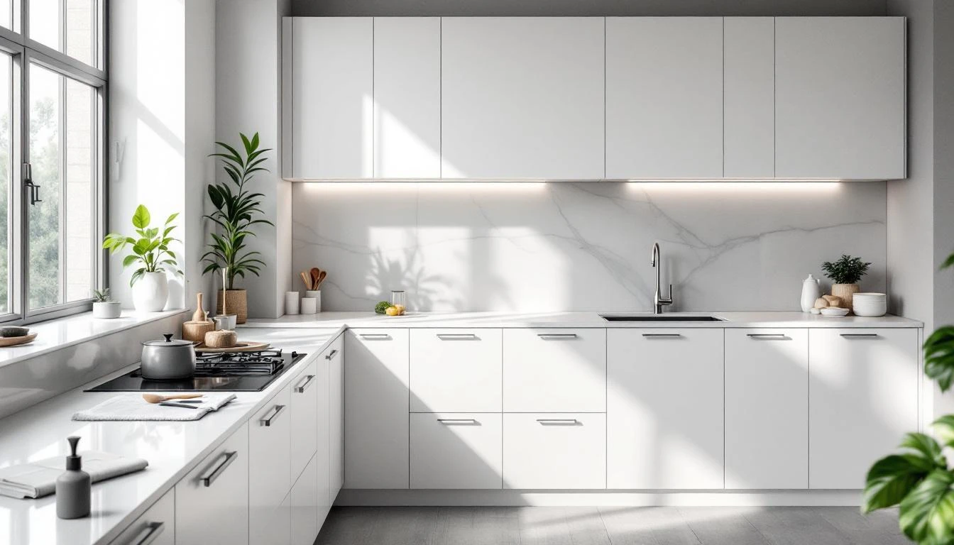 Meuble repeint en blanc laqué brillant dans cuisine moderne