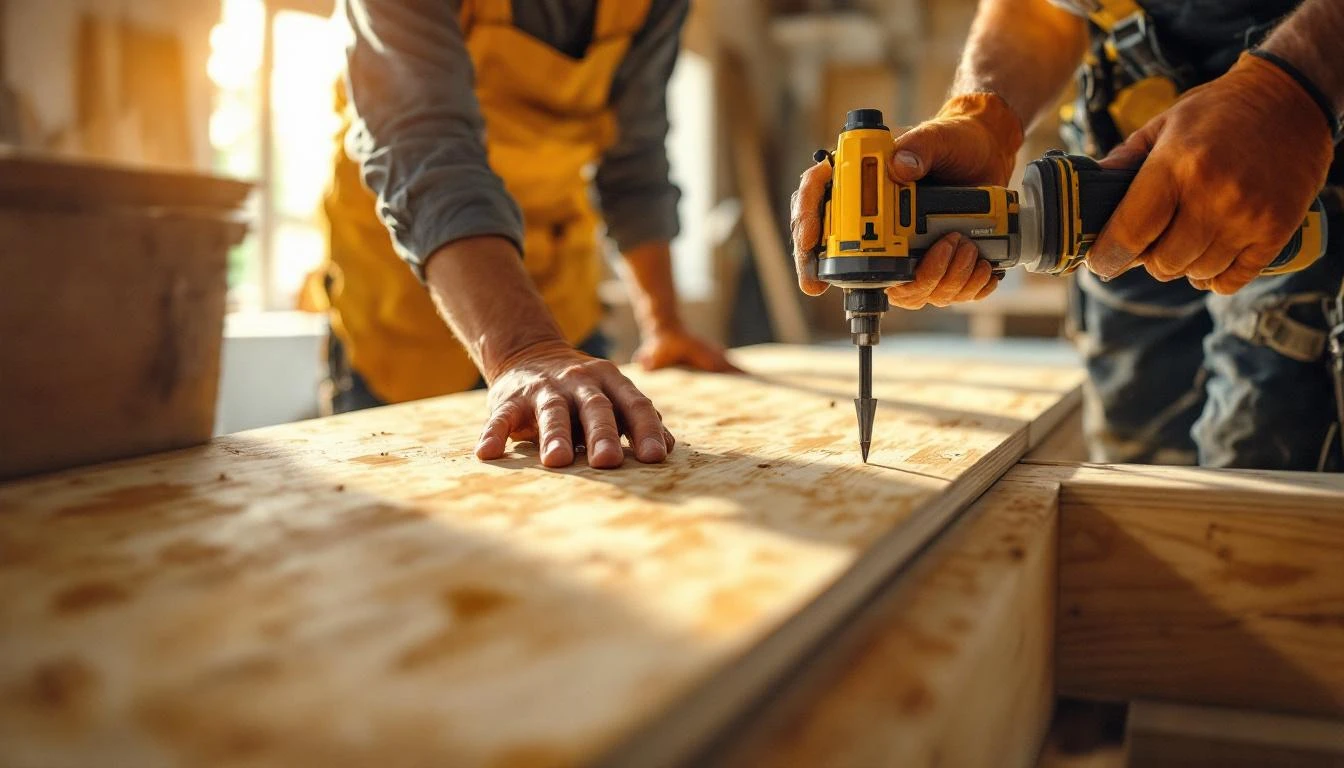 Pose d'un plancher en OSB3 sur solivage bois par un menuisier professionnel
