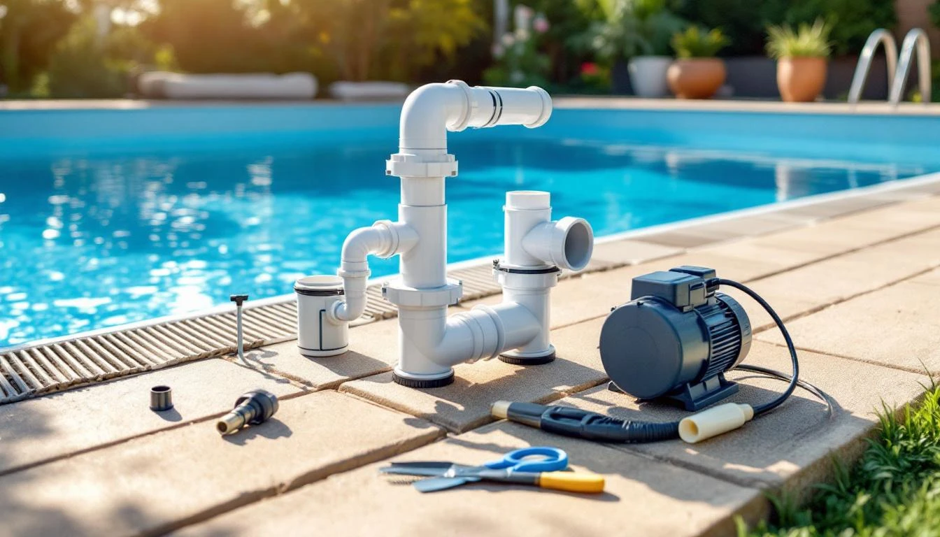 Bloc de filtration Desjoyaux F15 ouvert en cours de remplacement au bord d'une piscine