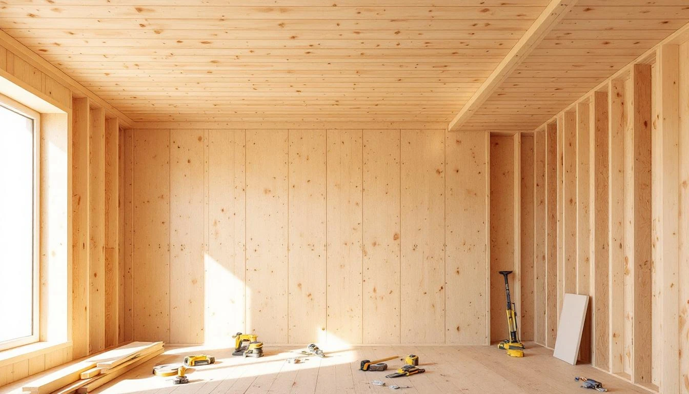 Solivage bois pour plafond placo en pose : solives fixées muralière chantier rénovation