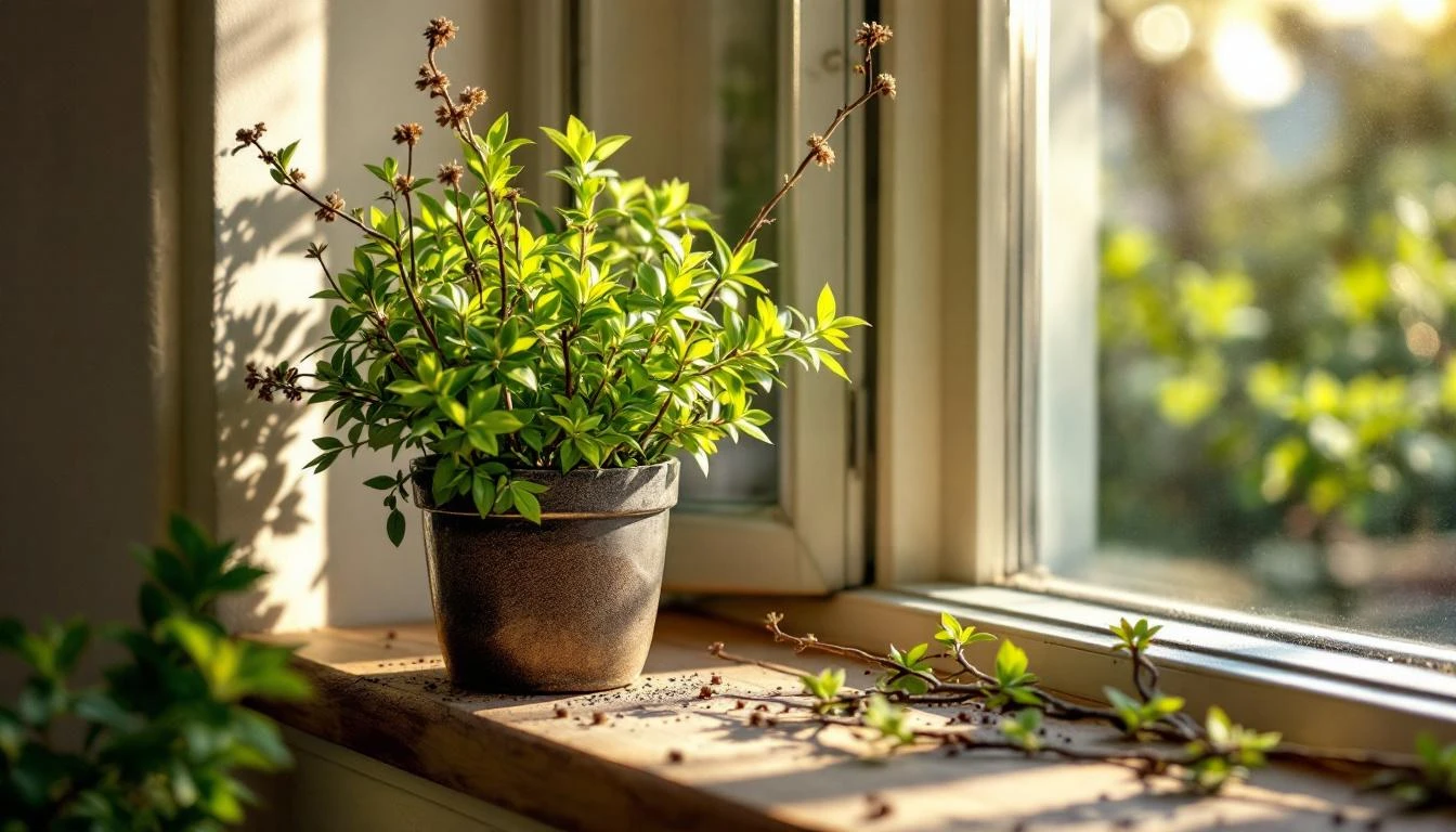 Pot de thym en terre cuite avec branches sèches et feuillage vert