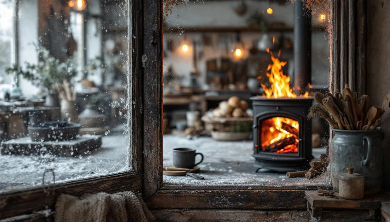 Vitre fissurée de poêle à bois cassée en cours de réparation par menuisier