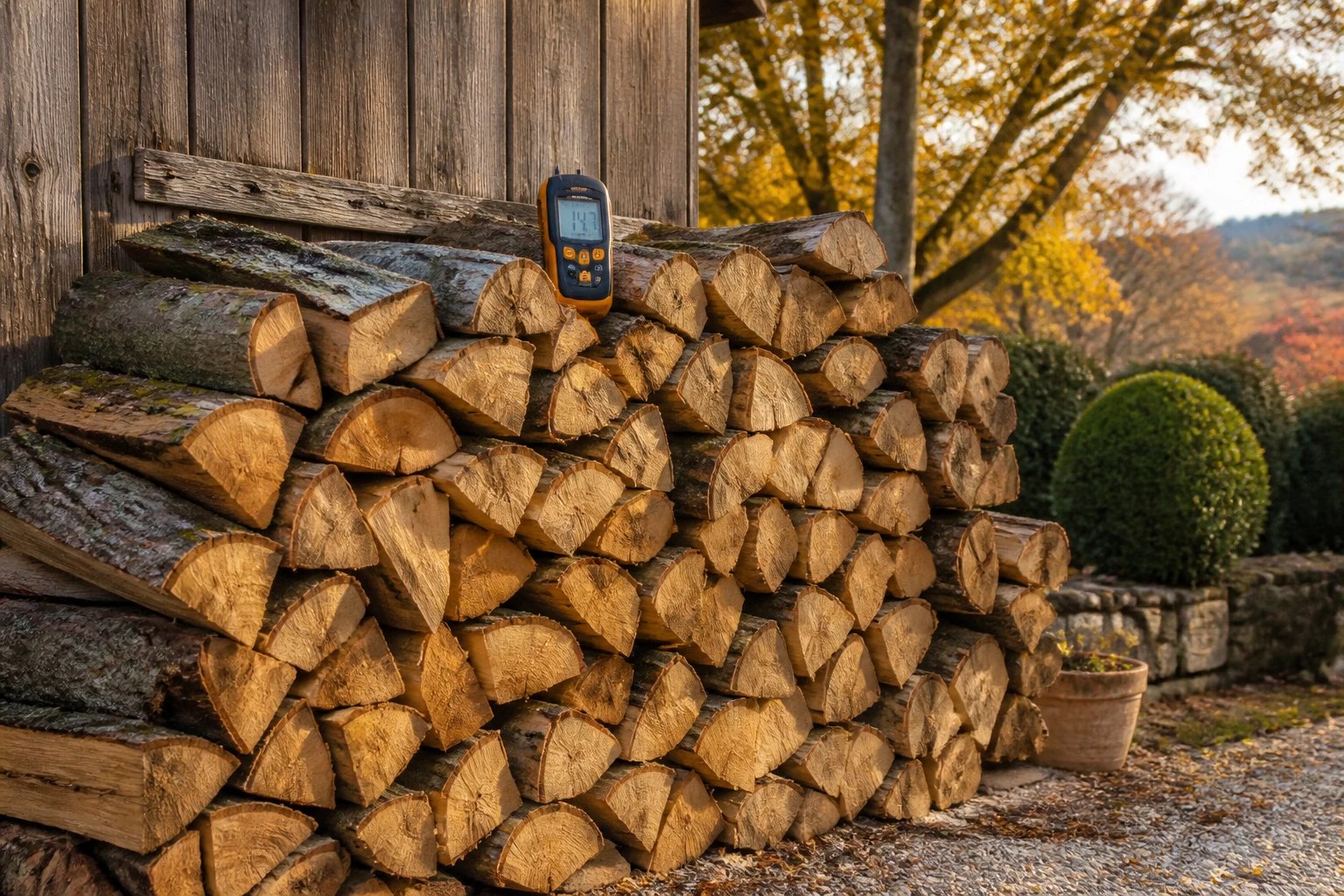 Pile de bûches de chêne fendues et empilées dans un jardin rural en automne, lumière dorée