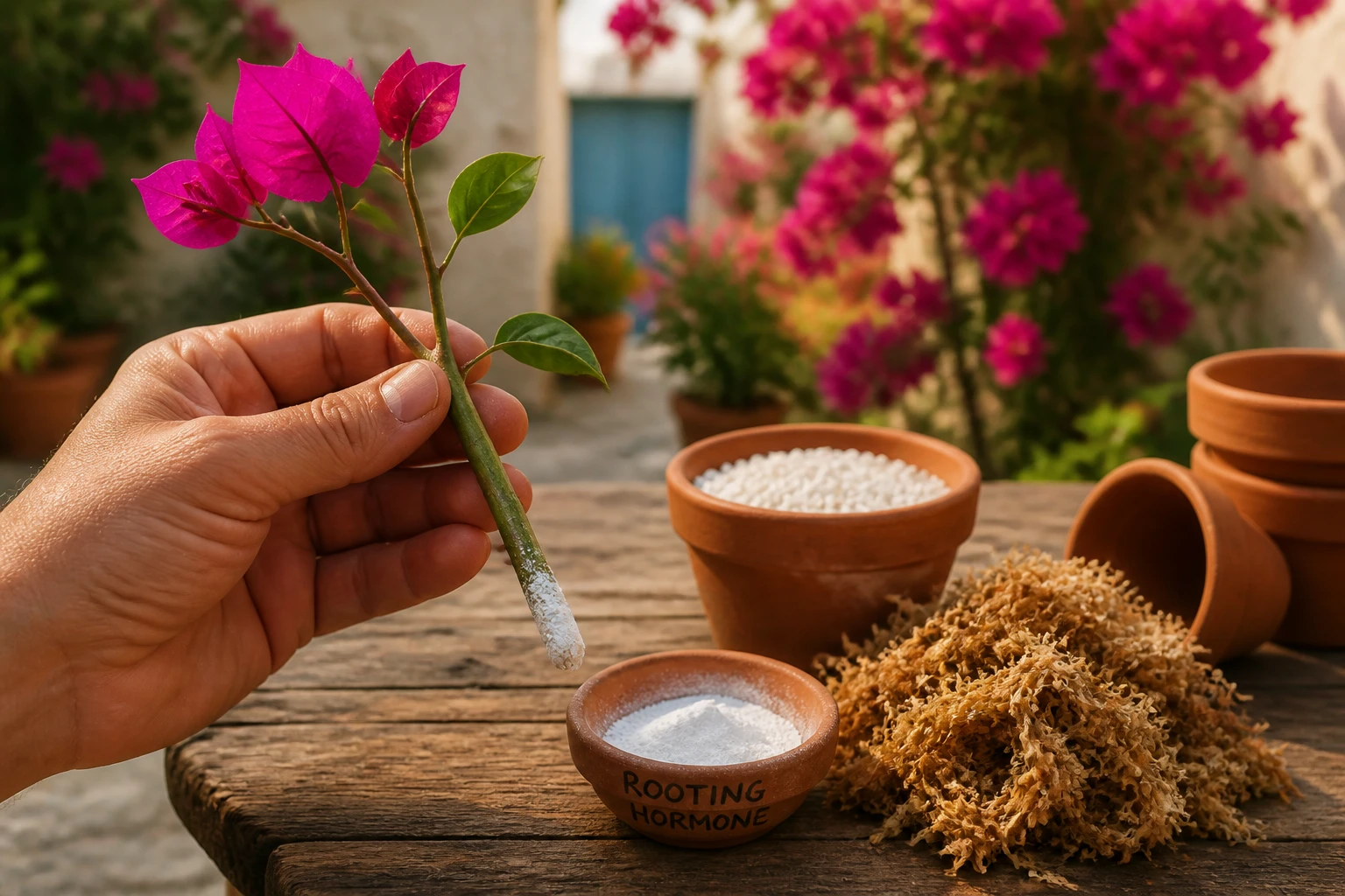 Mains préparant une bouture de bougainvillier sur une table de jardin avec substrat et mousse de sphaigne