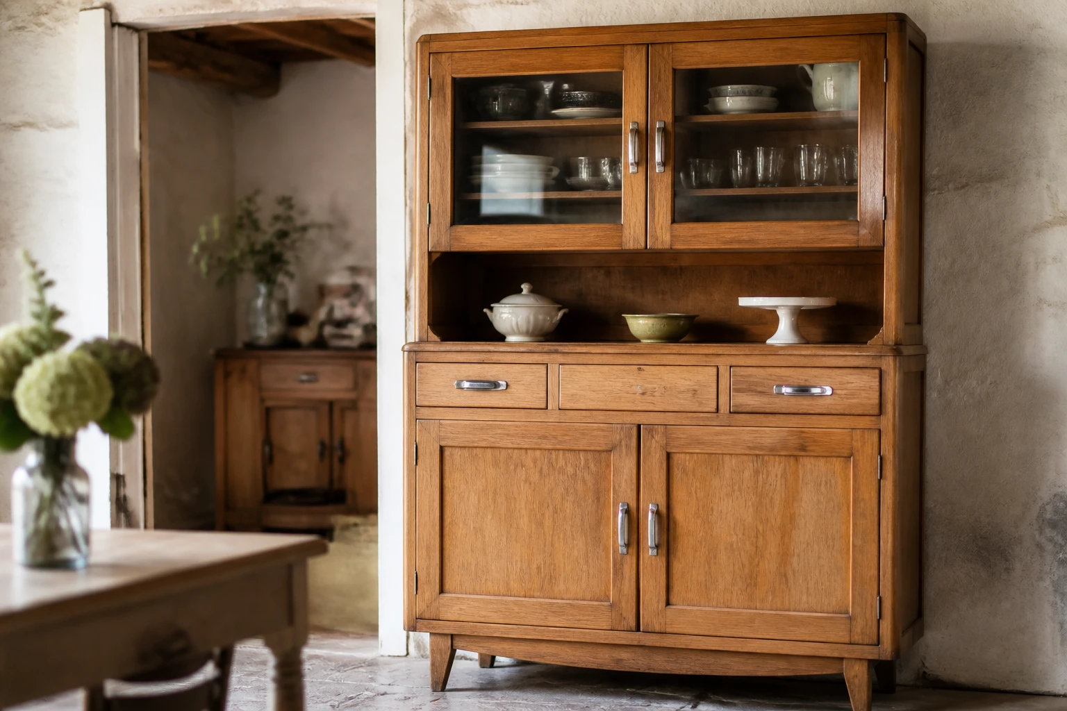 Buffet Mado vintage années 50 en chêne avec portes vitrées et quincailleries chromées d'époque