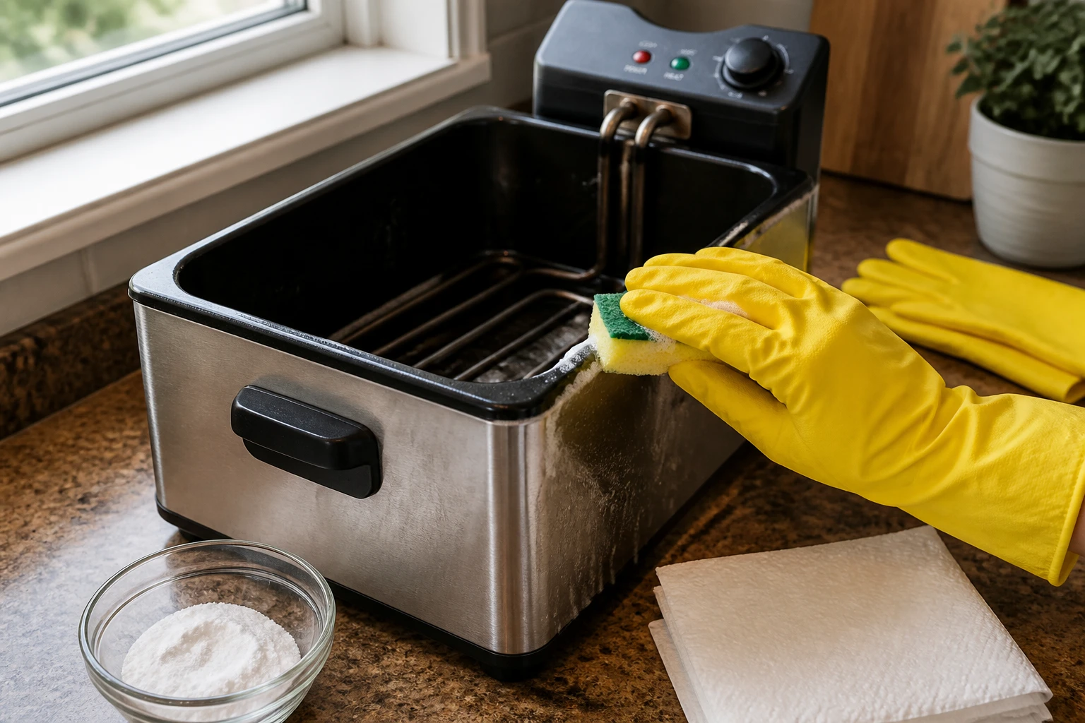 Nettoyage d'une friteuse électrique en inox avec bicarbonate de soude et éponge sur plan de travail de cuisine
