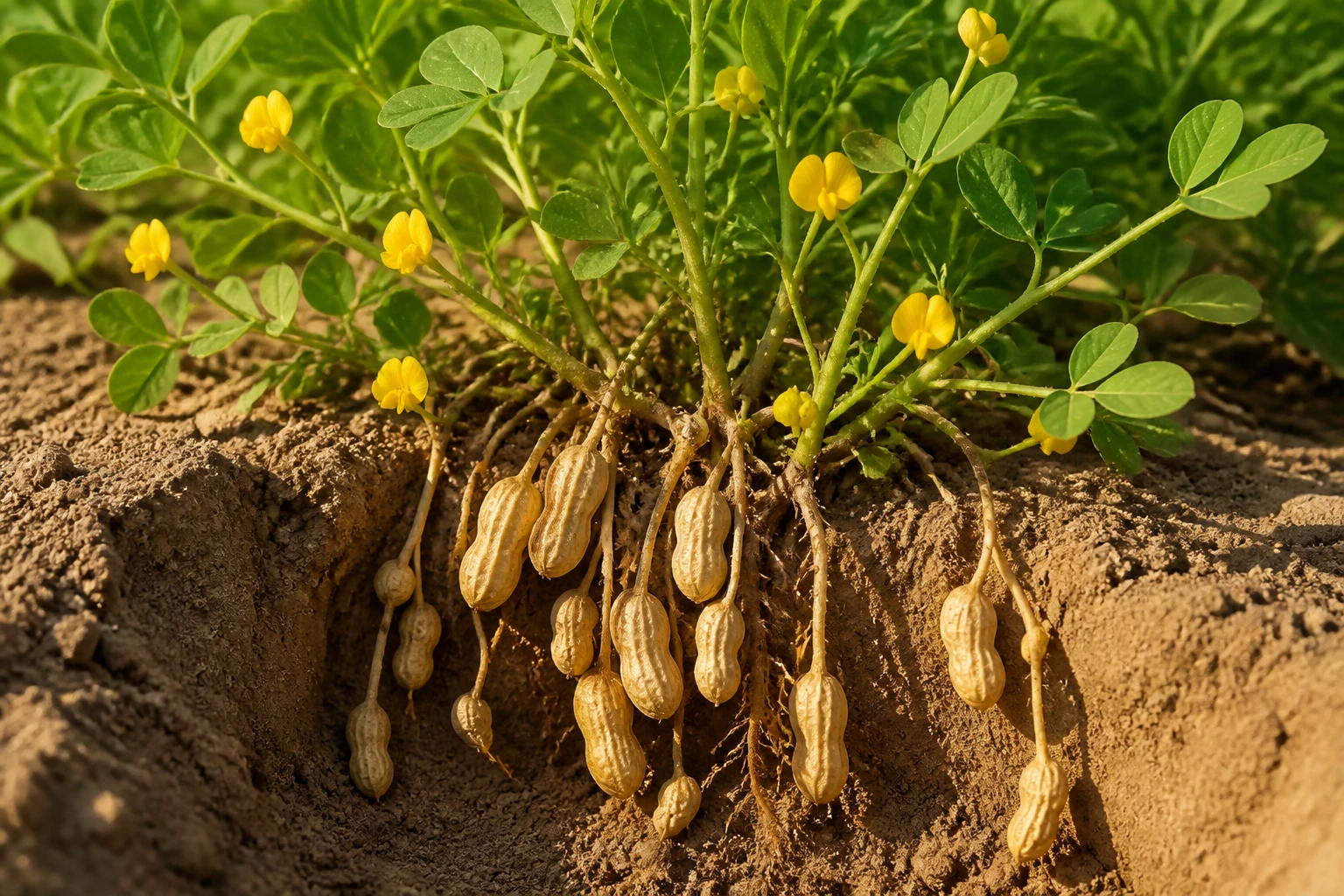Plant d'arachide en fleurs avec gousses souterraines visibles dans un potager ensoleillé
