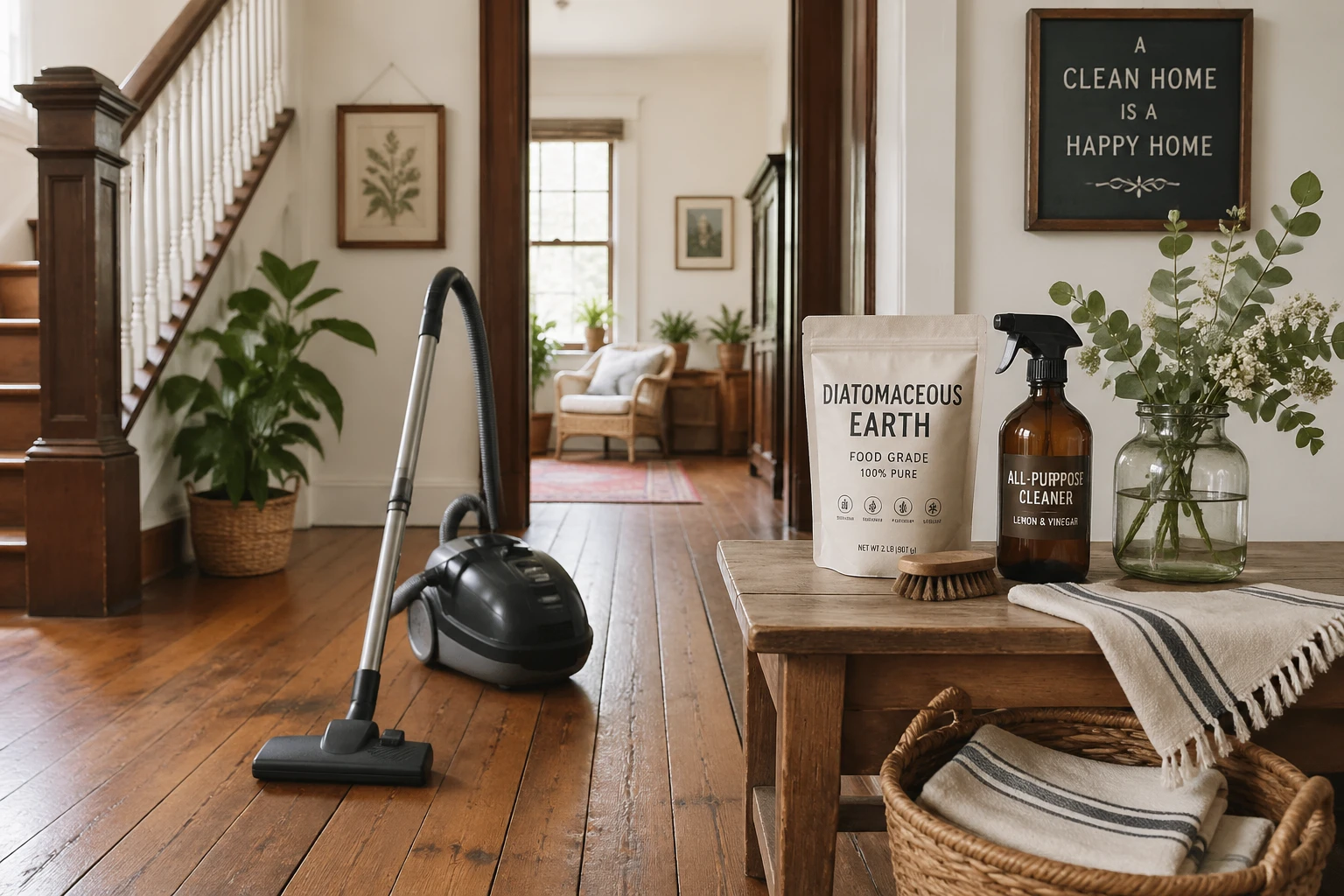 Expert artisan cleaning floorboards to remove fleas in a traditional wooden house.
