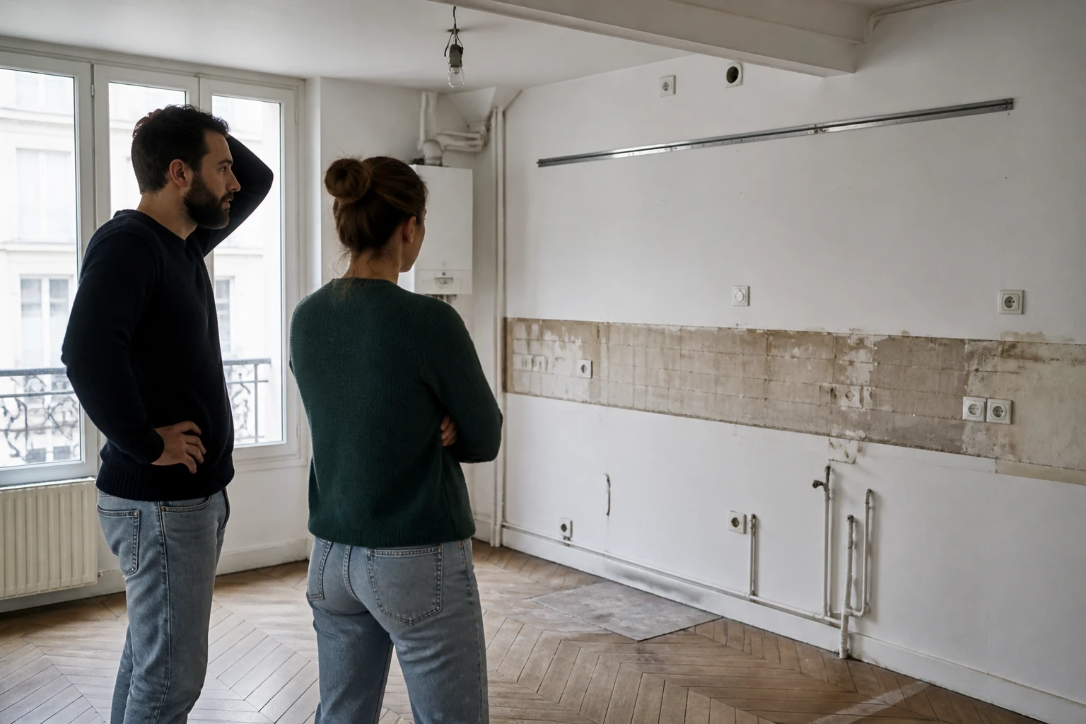 Couple devant une cuisine non livrée et chantier inachevé chez un cuisiniste peu fiable