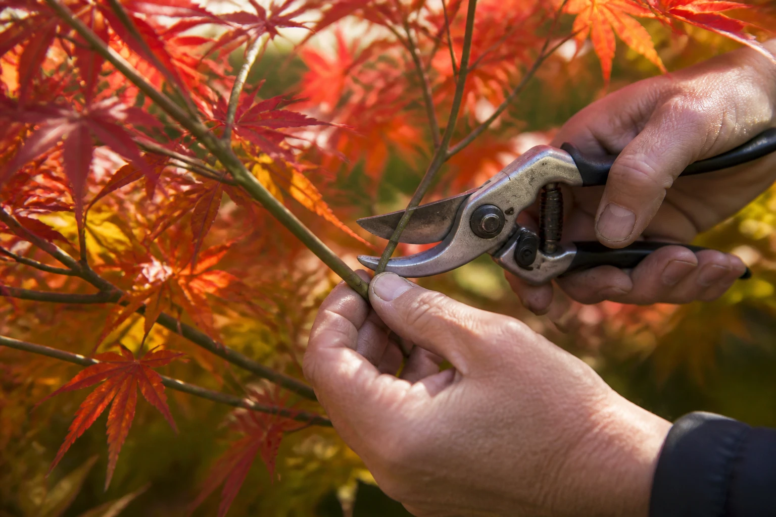 Taille d'un érable japonais avec sécateur au-dessus d'un bourgeon, feuilles rouges en arrière-plan