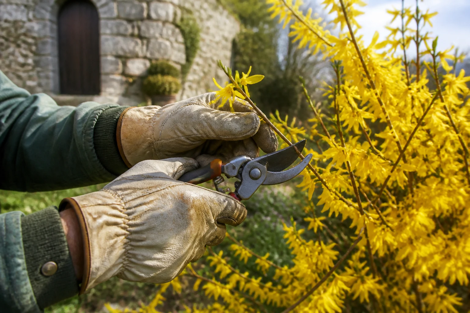 Jardinier taillant un forsythia en fleurs jaunes avec un sécateur au printemps dans un jardin