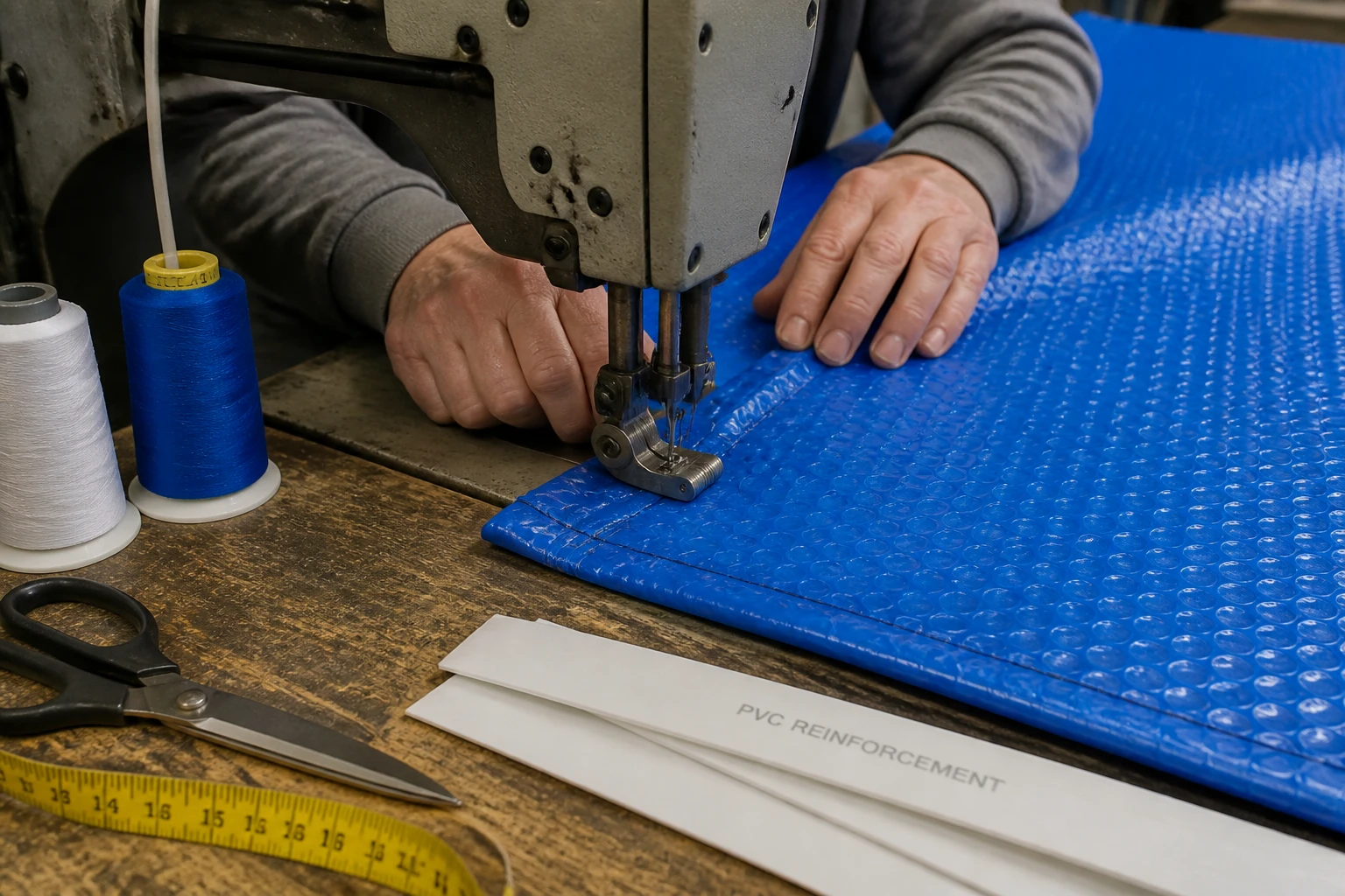 Couture d'une bâche à bulle bleue sur machine à coudre avec pied rouleau en atelier