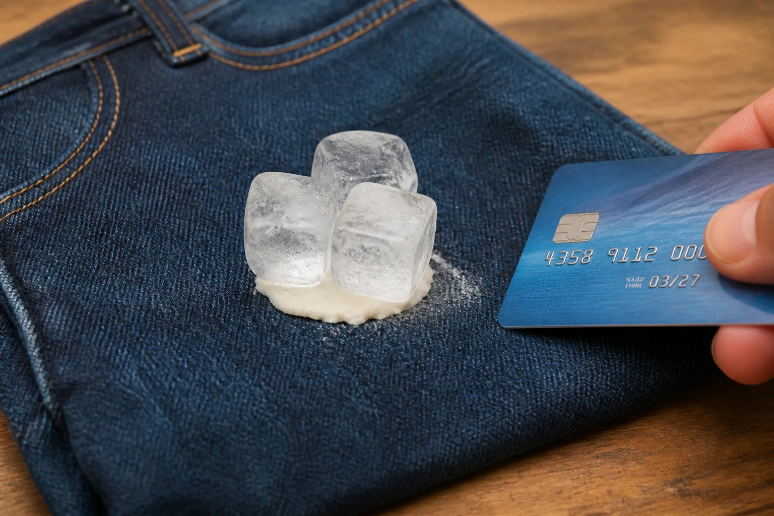 Chewing-gum collé sur un jean bleu avec des glaçons posés dessus et une carte pour gratter