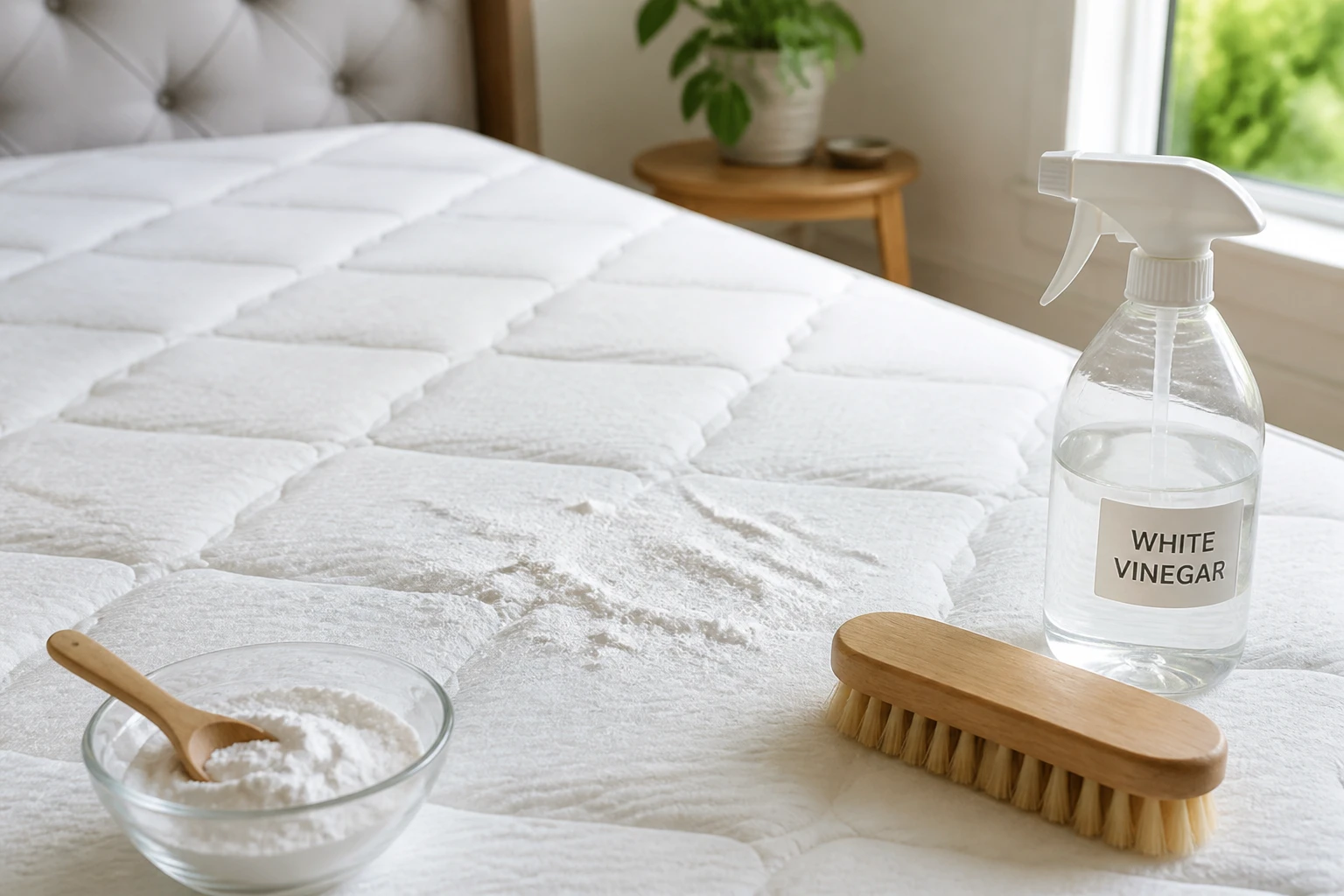 Matelas blanc sur lequel est saupoudré du bicarbonate de soude avec une brosse souple posée à côté