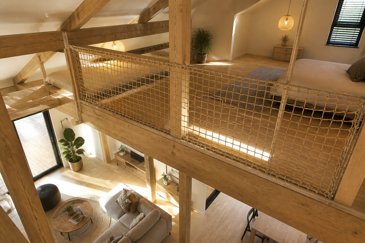 Filet mezzanine en corde naturelle tendu sur une mezzanine en bois avec poutres apparentes
