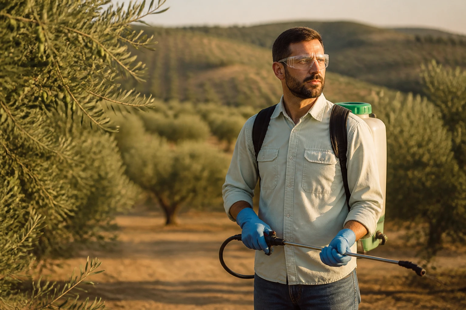 Agriculteur en tenue de protection appliquant un herbicide dans une oliveraie espagnole au lever du soleil