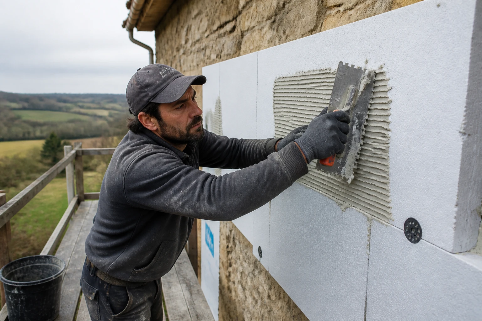 Artisan posant des panneaux isolants rigides sur la façade extérieure d'une maison ancienne en pierre