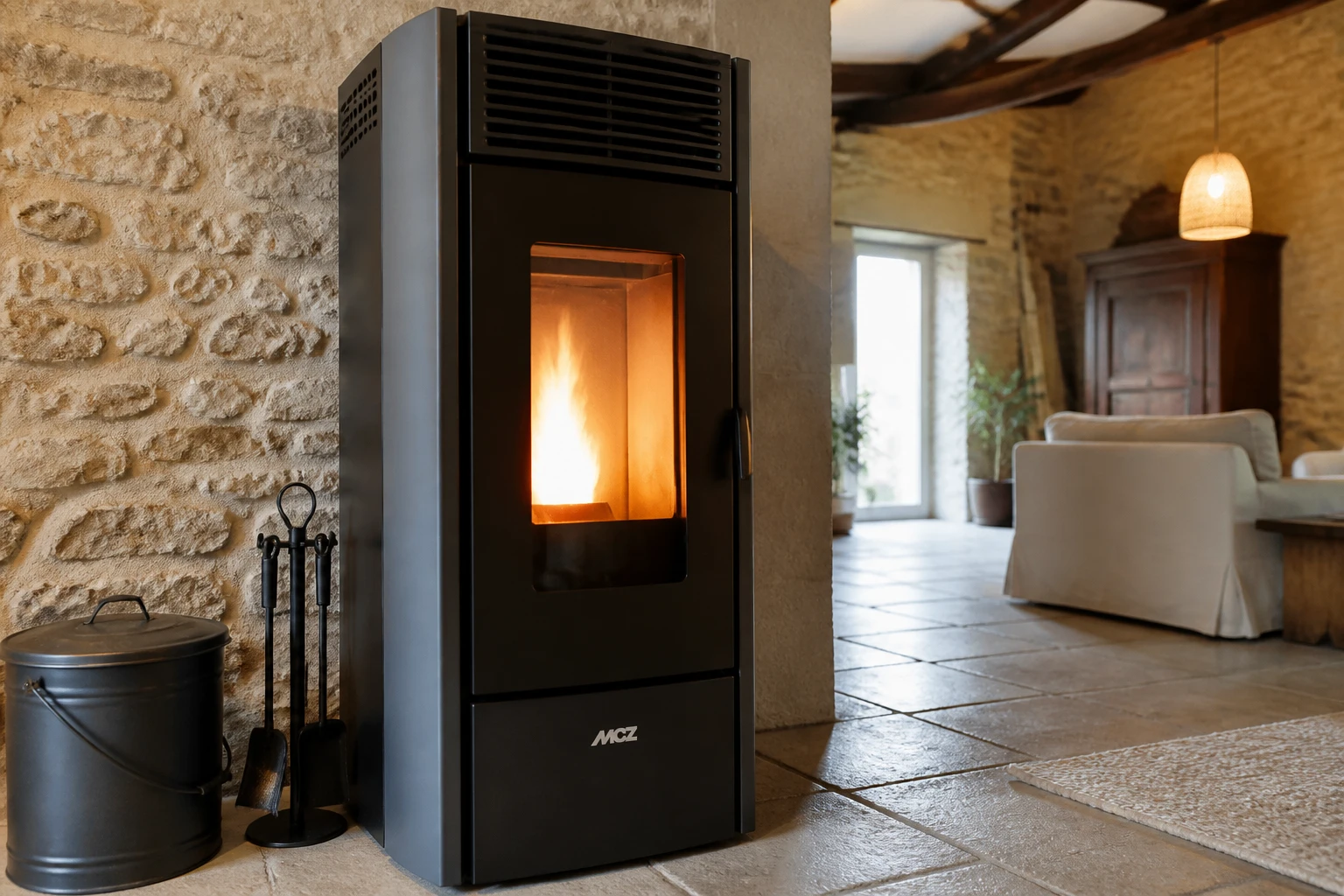 Poêle à pellet MCZ en fonctionnement dans un salon rénové avec flamme visible et bac à cendres