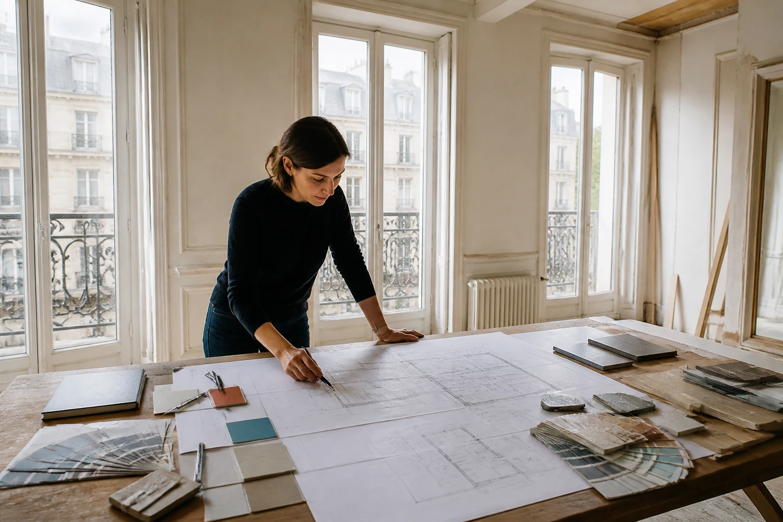 Architecte d'intérieur qui étudie des plans de rénovation avec des échantillons de matériaux sur une table