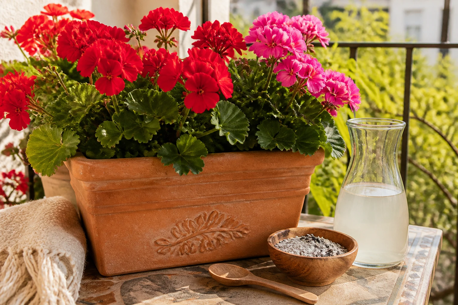 Géraniums rouges en fleurs sur un balcon ensoleillé avec des ingrédients naturels pour les entretenir