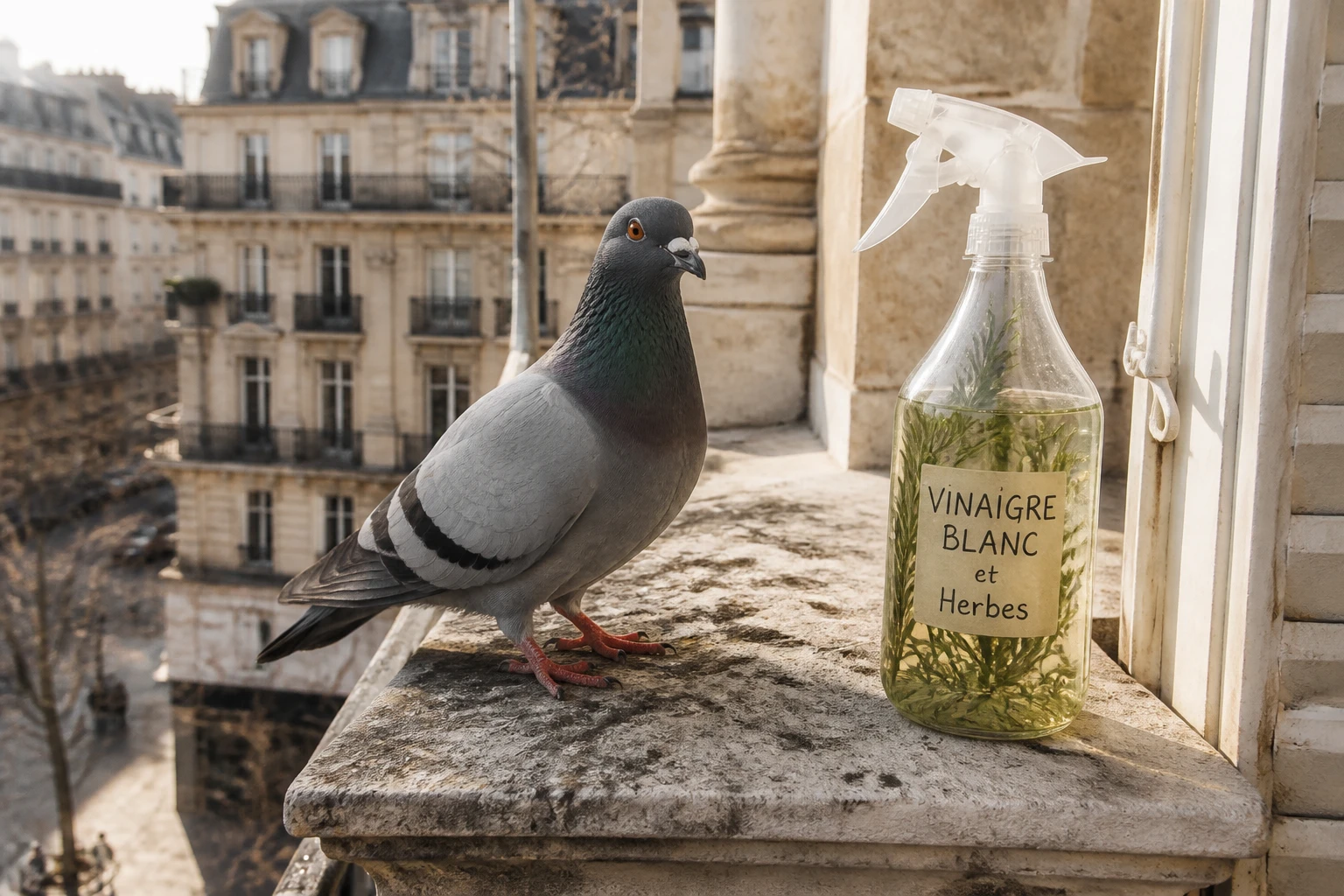 Pigeon perché sur un rebord de balcon en pierre avec un flacon de spray maison au vinaigre blanc posé à côté