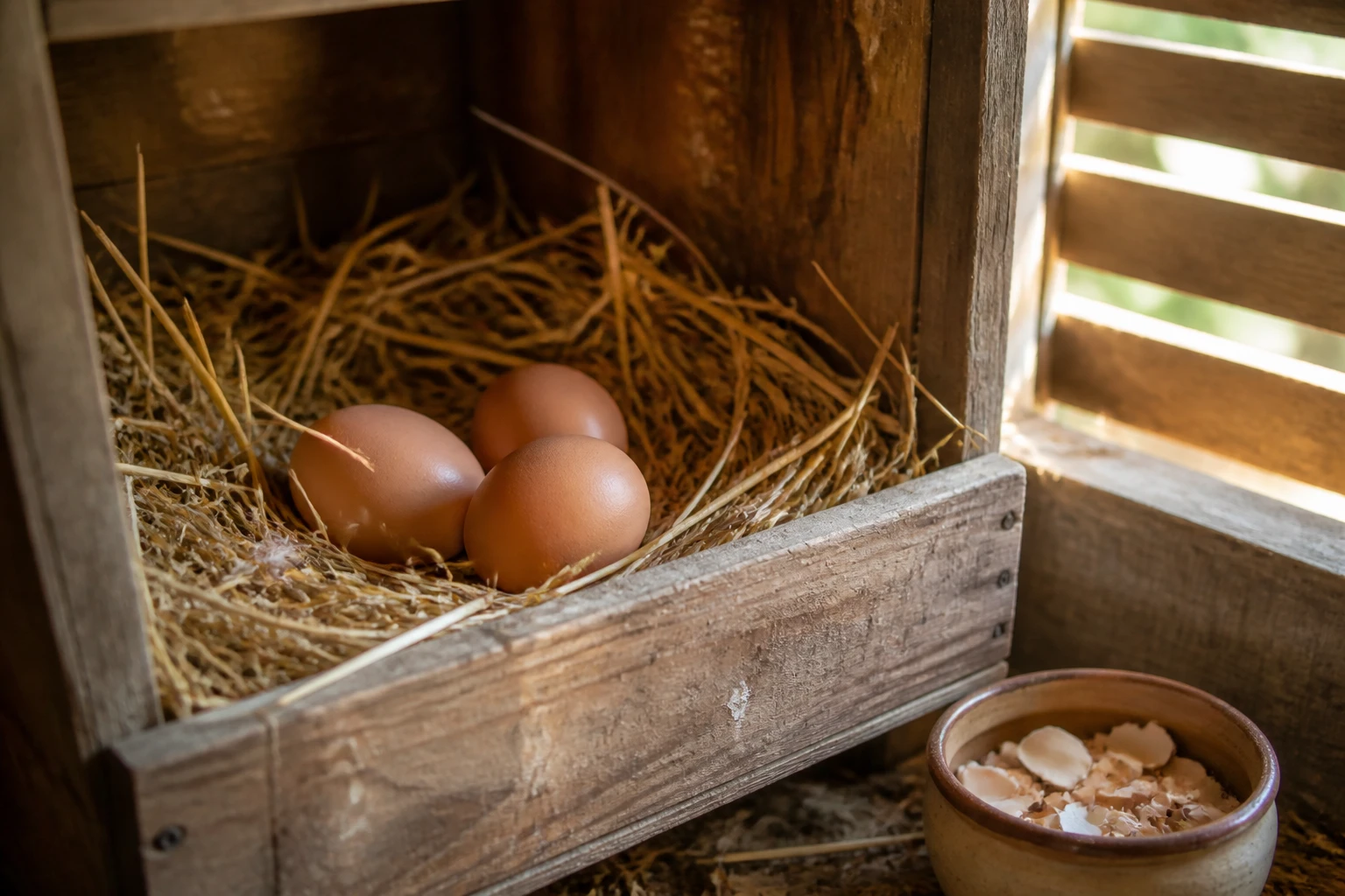 Pondoir en bois rustique avec trois œufs frais sur de la paille dorée et un bol de coquilles broyées