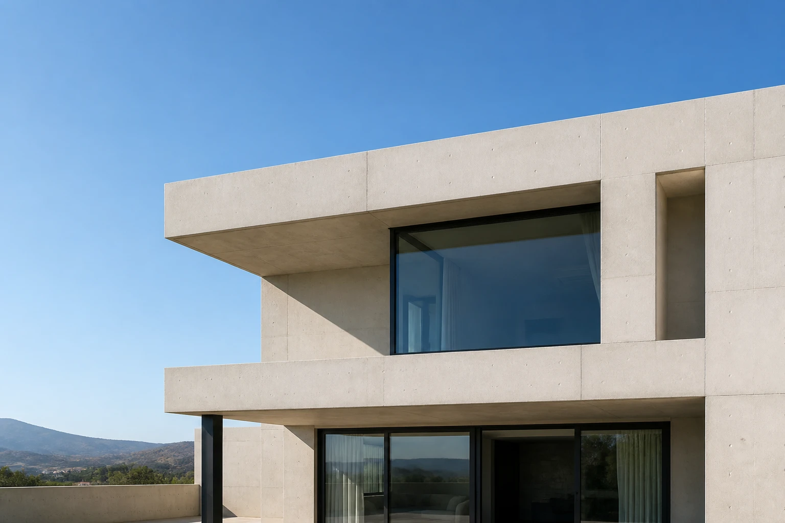 Façade contemporaine en béton blanc lisse avec grandes baies vitrées et lumière naturelle