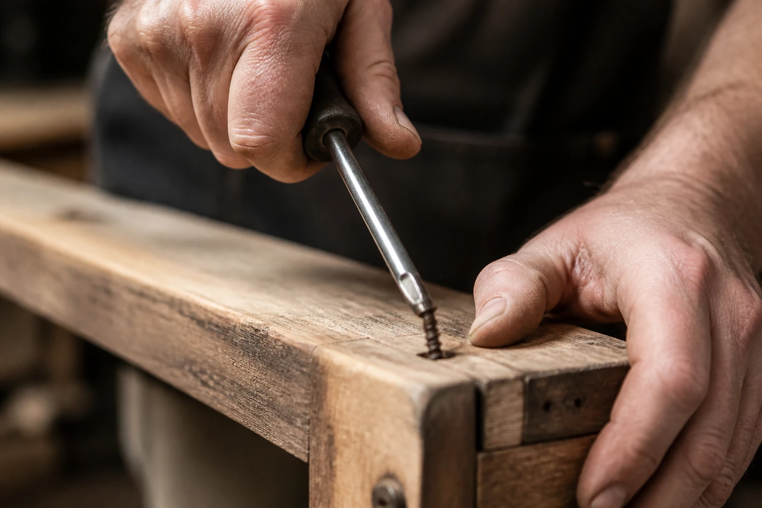 Artisan dévissant une vis à bois rouillée avec un tournevis dans un atelier de menuiserie