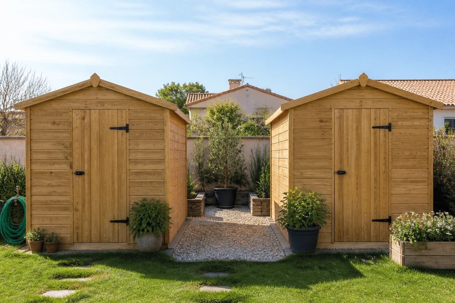 Deux abris de jardin en bois de 5 m² installés côte à côte dans un jardin français avec allée en gravier