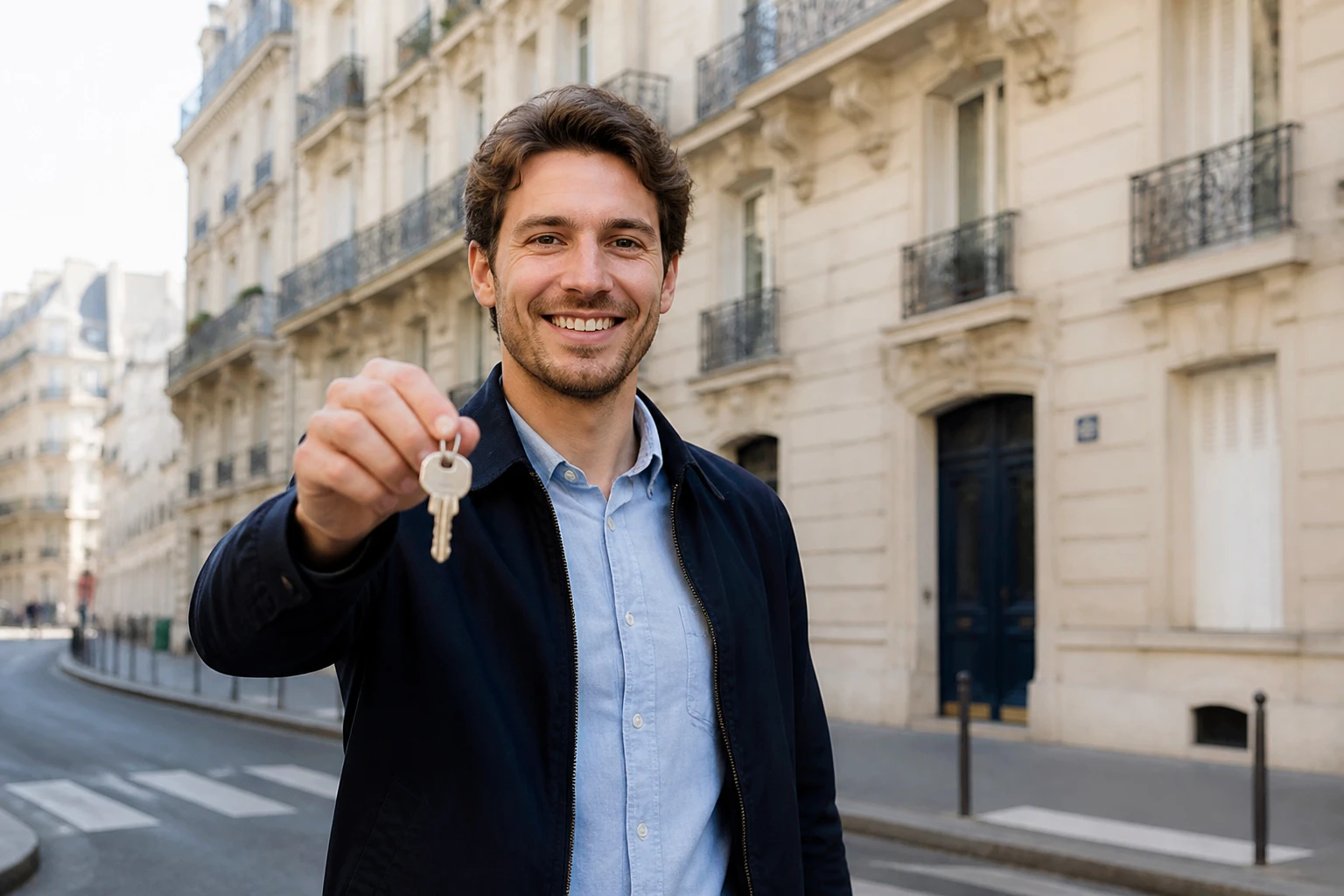 Jeune locataire tenant des clés devant un immeuble parisien, symbolisant l'accès au logement via la garantie Visale