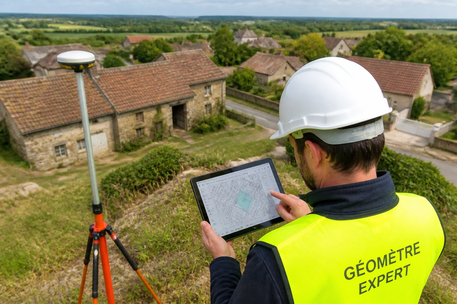 Géomètre-expert consultant une carte parcellaire sur tablette numérique sur le terrain en France