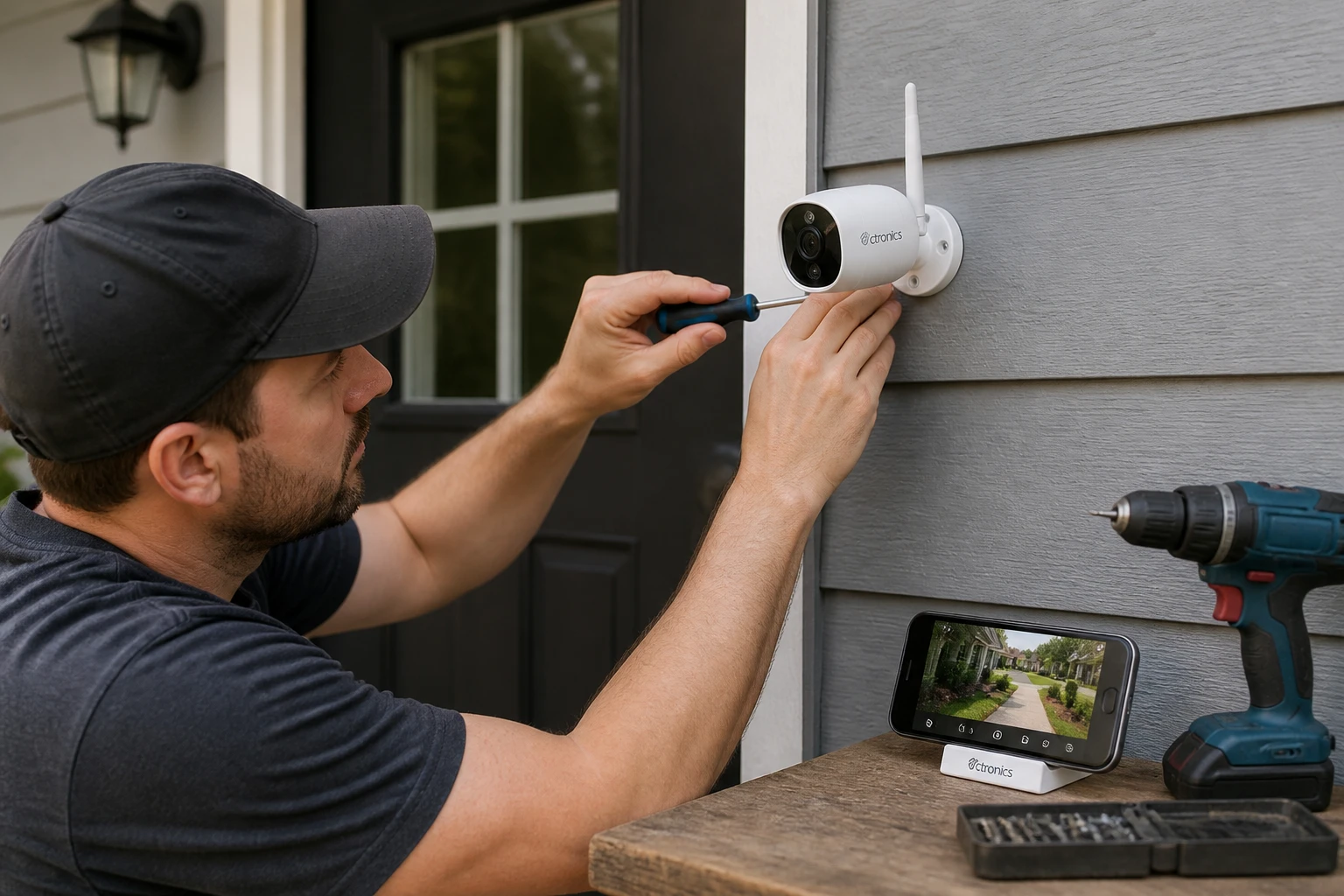 Installation d'une caméra Ctronics Wi-Fi sur mur extérieur avec smartphone affichant le flux en direct
