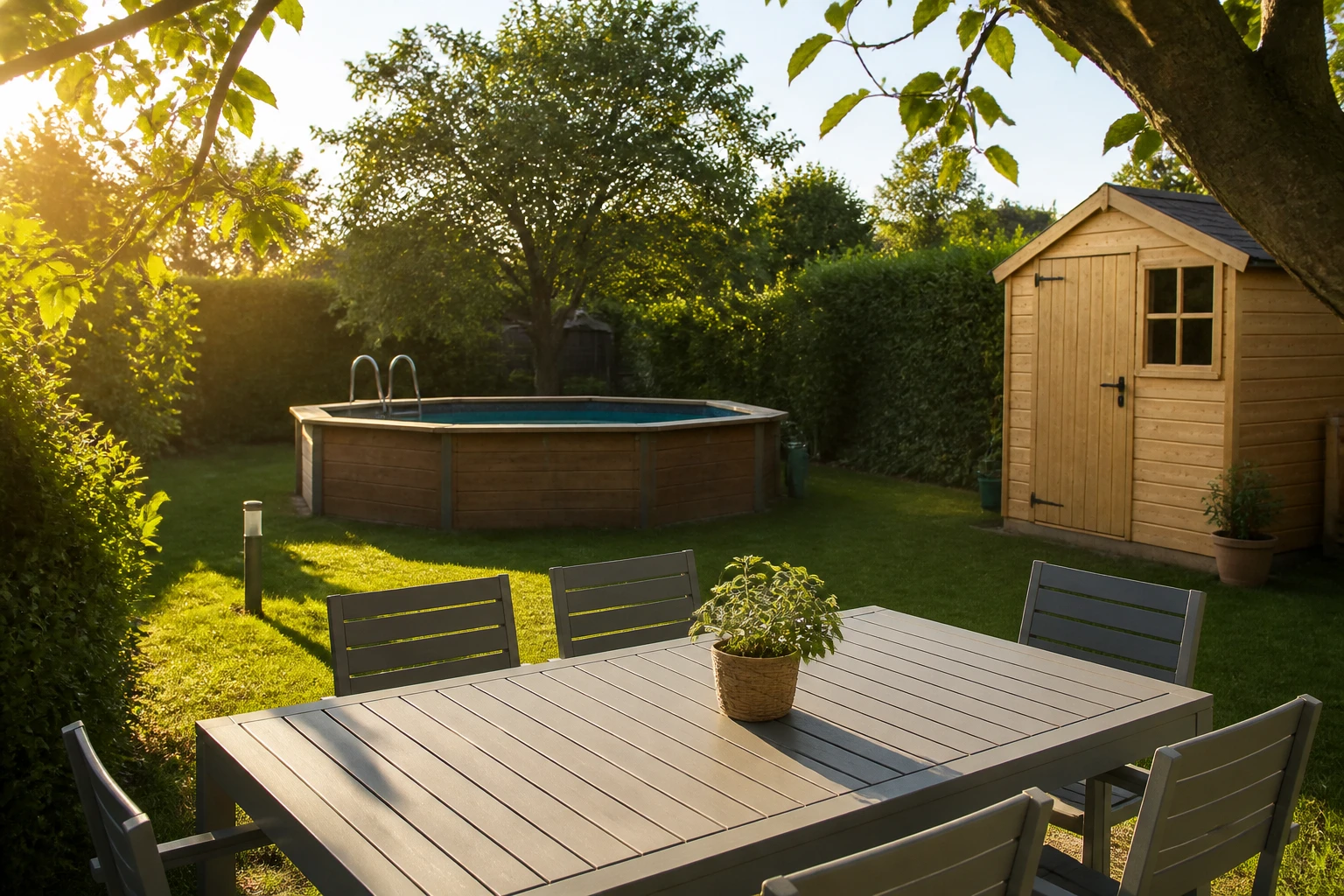 Jardin aménagé avec mobilier d'extérieur, piscine hors sol en bois et abri de jardin