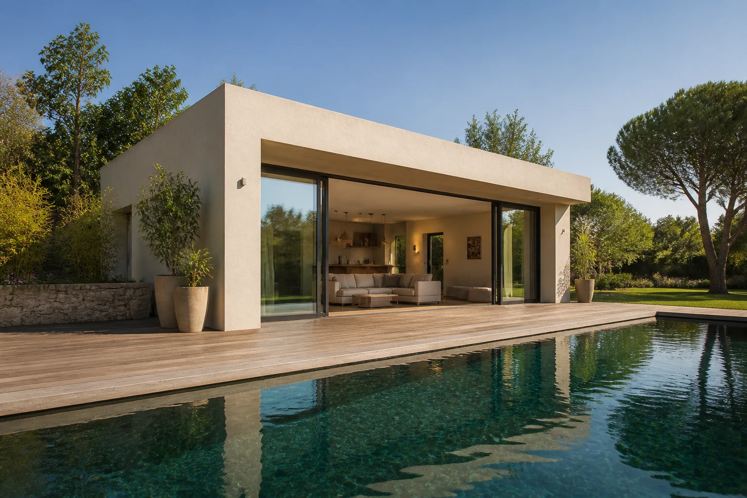 Pool house en béton avec enduit clair et baie vitrée coulissante au bord d'une piscine