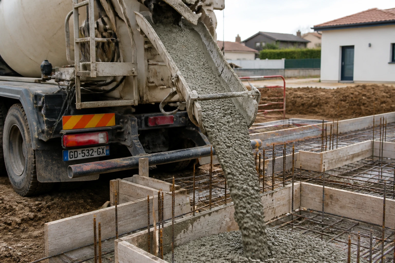 Toupie béton en train de couler du béton frais sur une dalle de chantier résidentiel