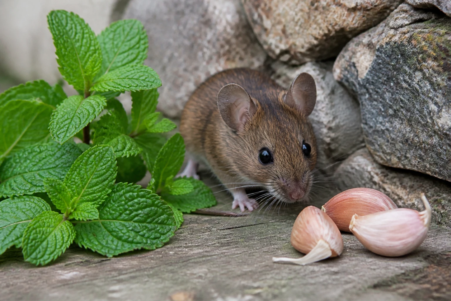 Mulot sylvestre près d'un mur en pierre avec de la menthe poivrée et de l'ail, remèdes naturels anti-mulots