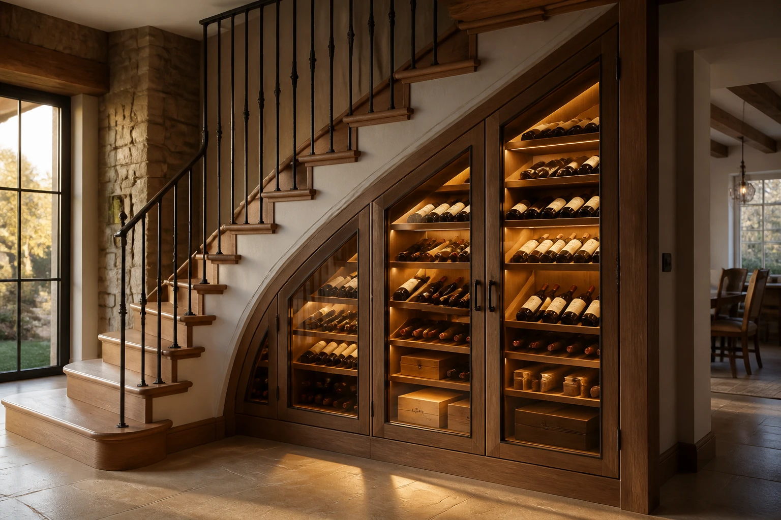 Cave à vin encastrée sous un escalier en bois avec porte vitrée et éclairage LED discret