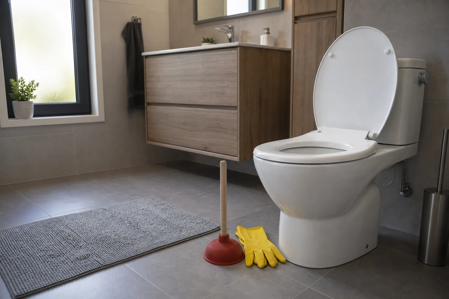Ventouse et gants posés près de toilettes blanches dans une salle de bain lumineuse