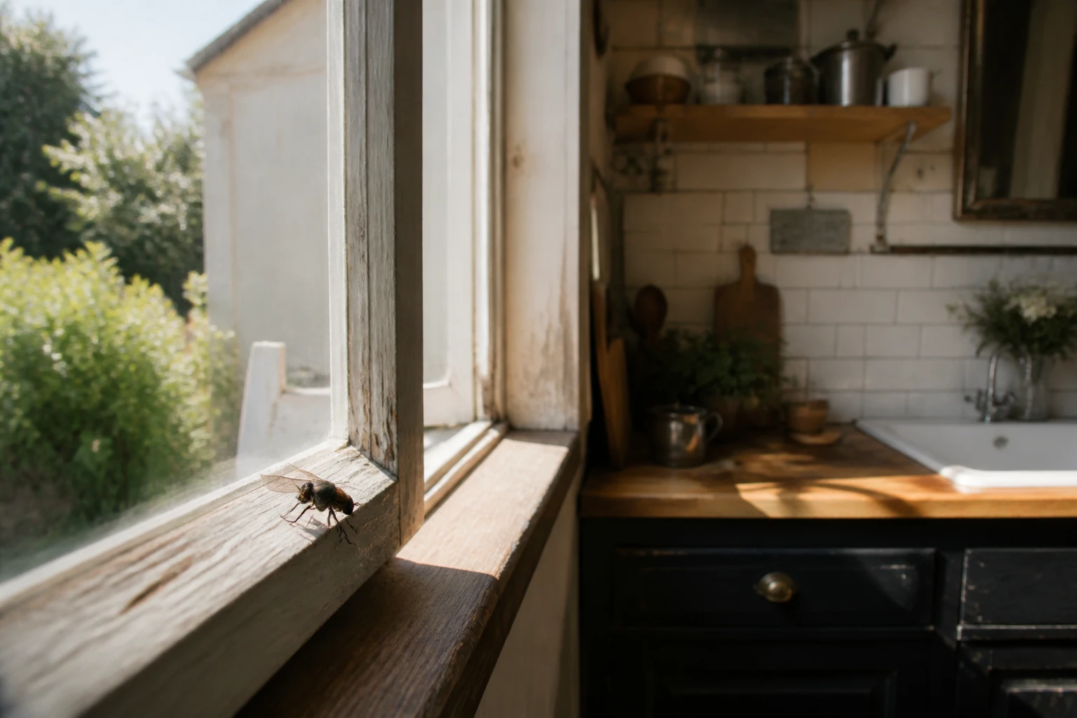 Mouche domestique posée sur le rebord en bois d'une fenêtre de cuisine ancienne
