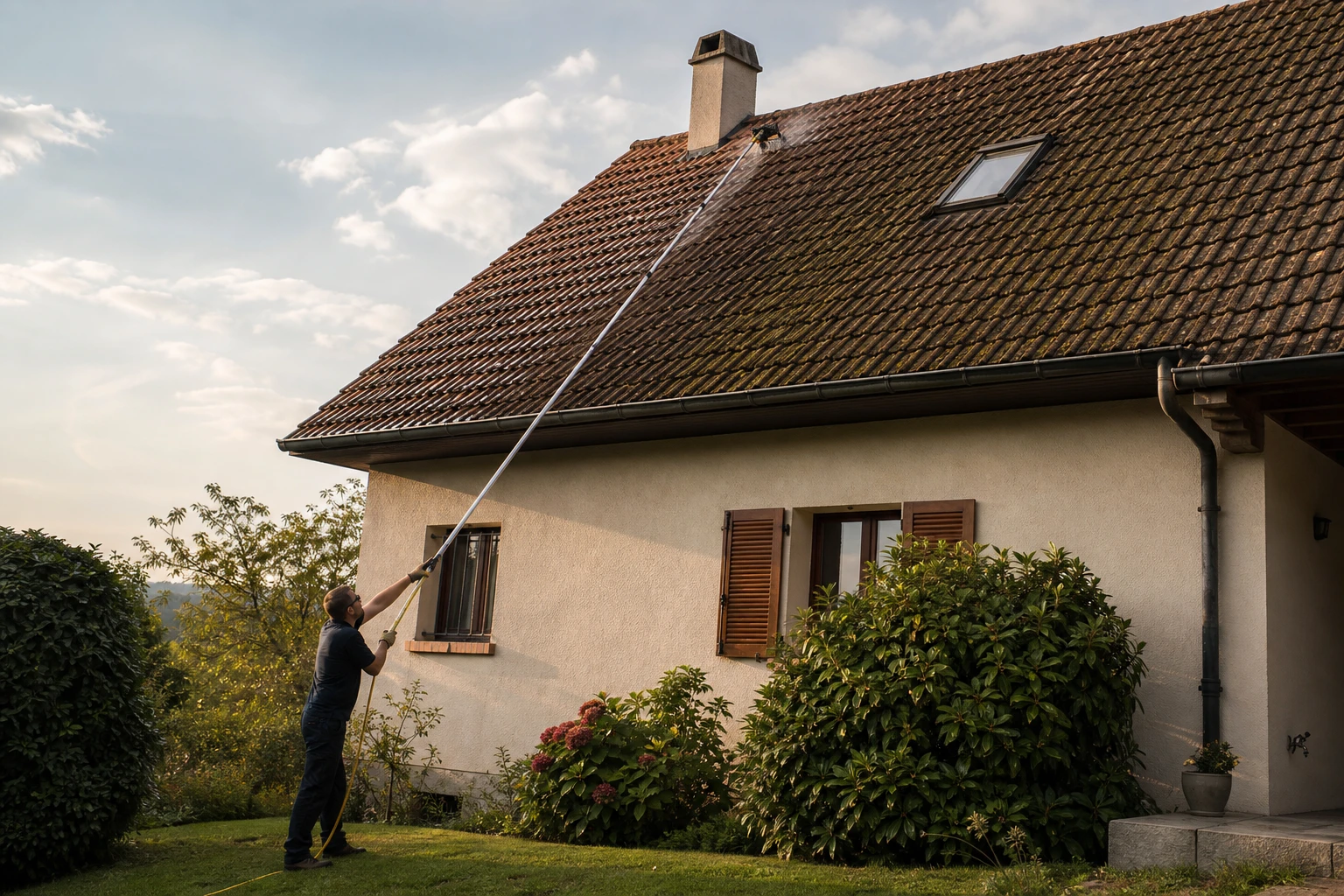 Homme nettoyant une toiture en tuiles depuis le sol avec une perche télescopique équipée d'une brosse